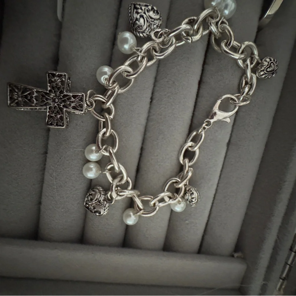 Silver Charm Bracelet with Cross and Pearls - Picture 2 of 2